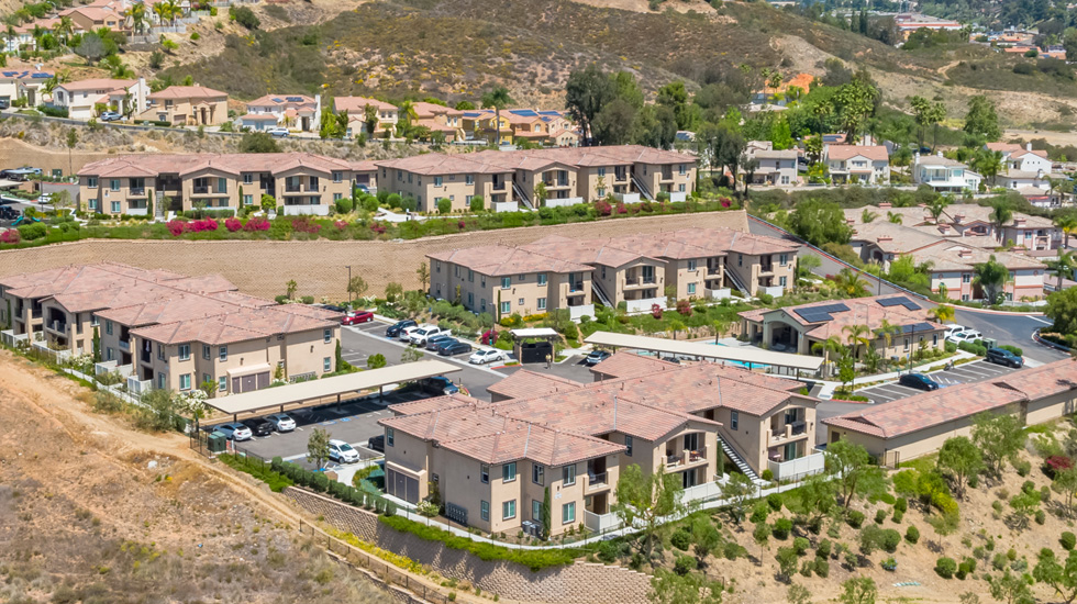 Aerial view of completed Lakeview 88 apartment buildings