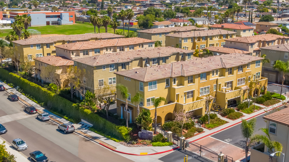 Aerial view of completed Paradise Walk townhomes