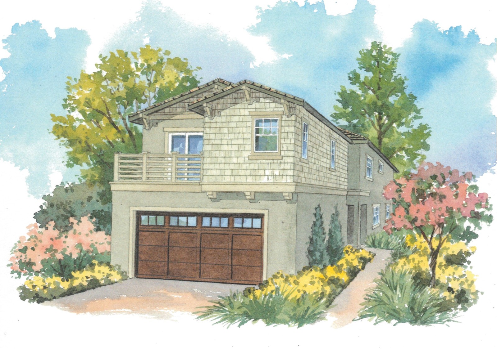 Watercolor architectural rendering of a Riverview Courts home