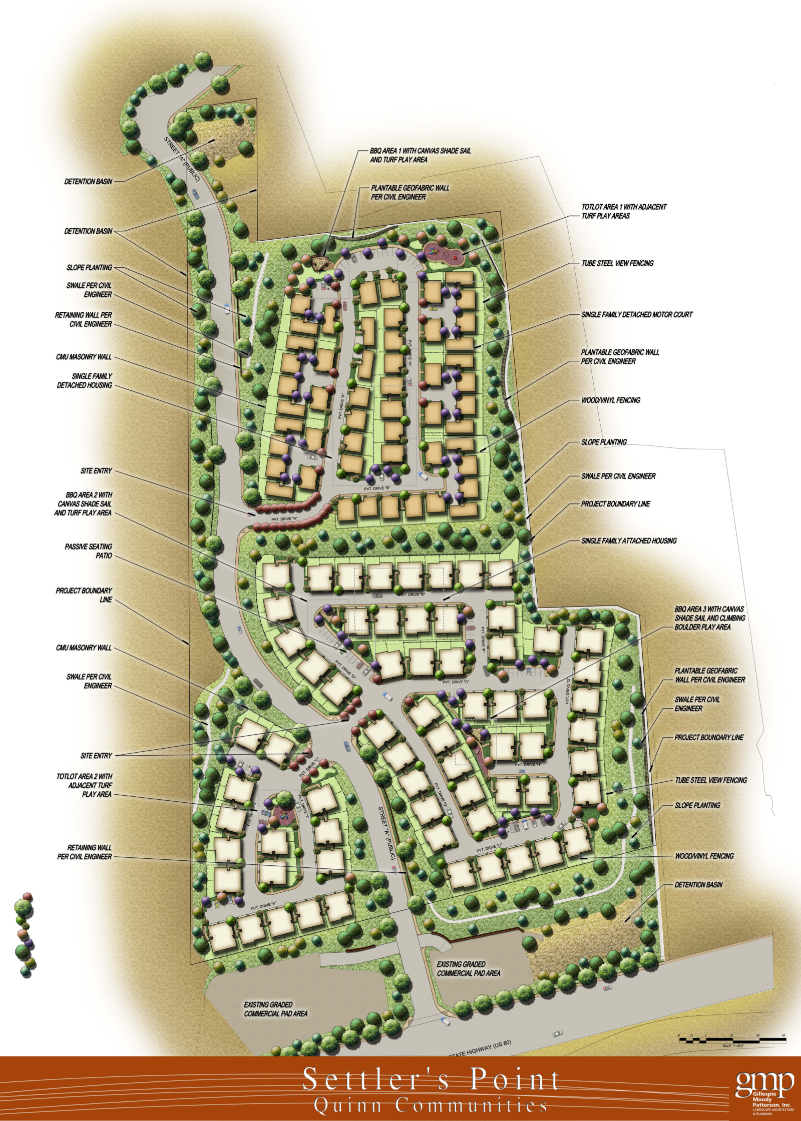 Color landscape site plan for Settlers Pointe showing homes, streets and landscaped common areas